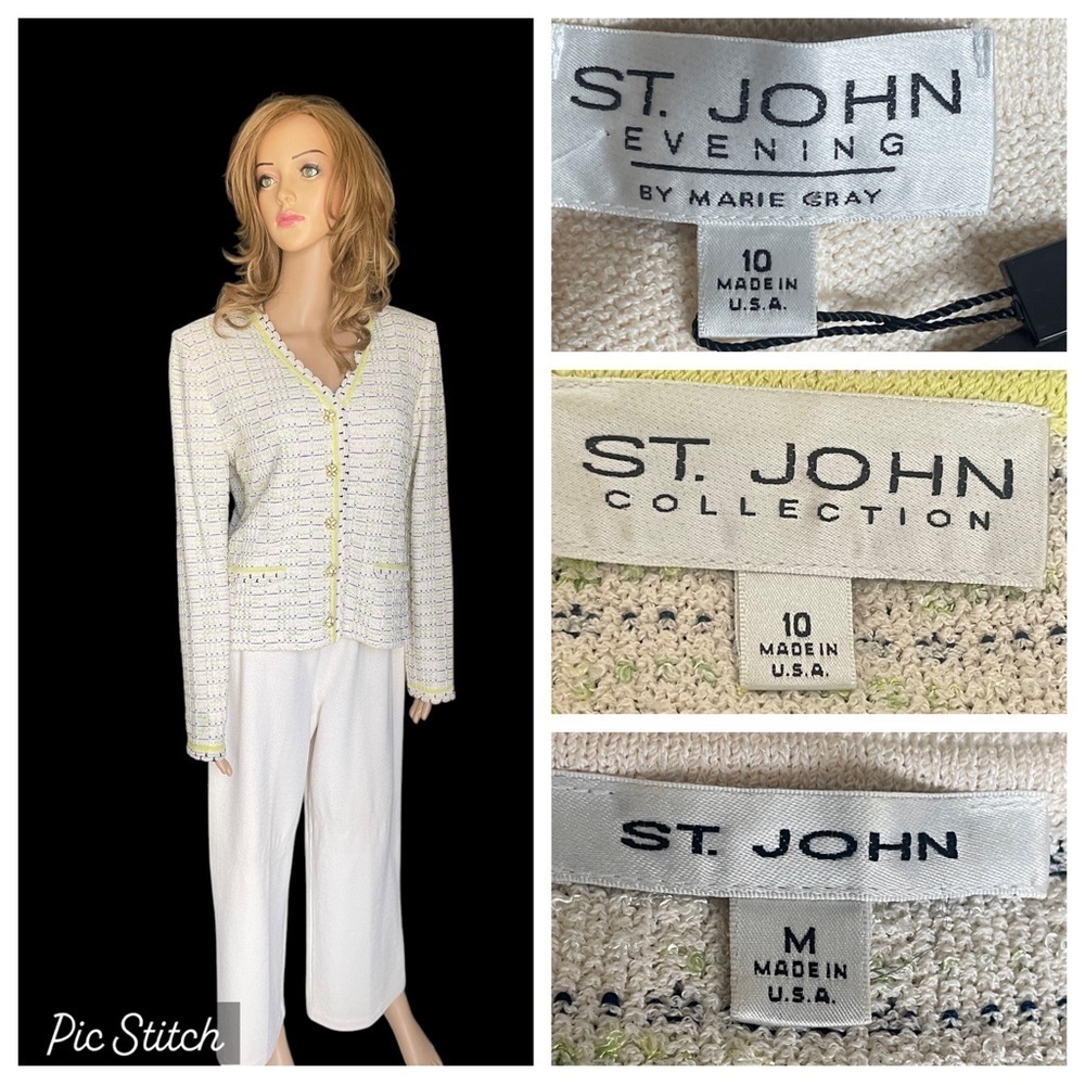 St John collection blue green ivory jacket/sleeveless top/pants
suit size 10/M